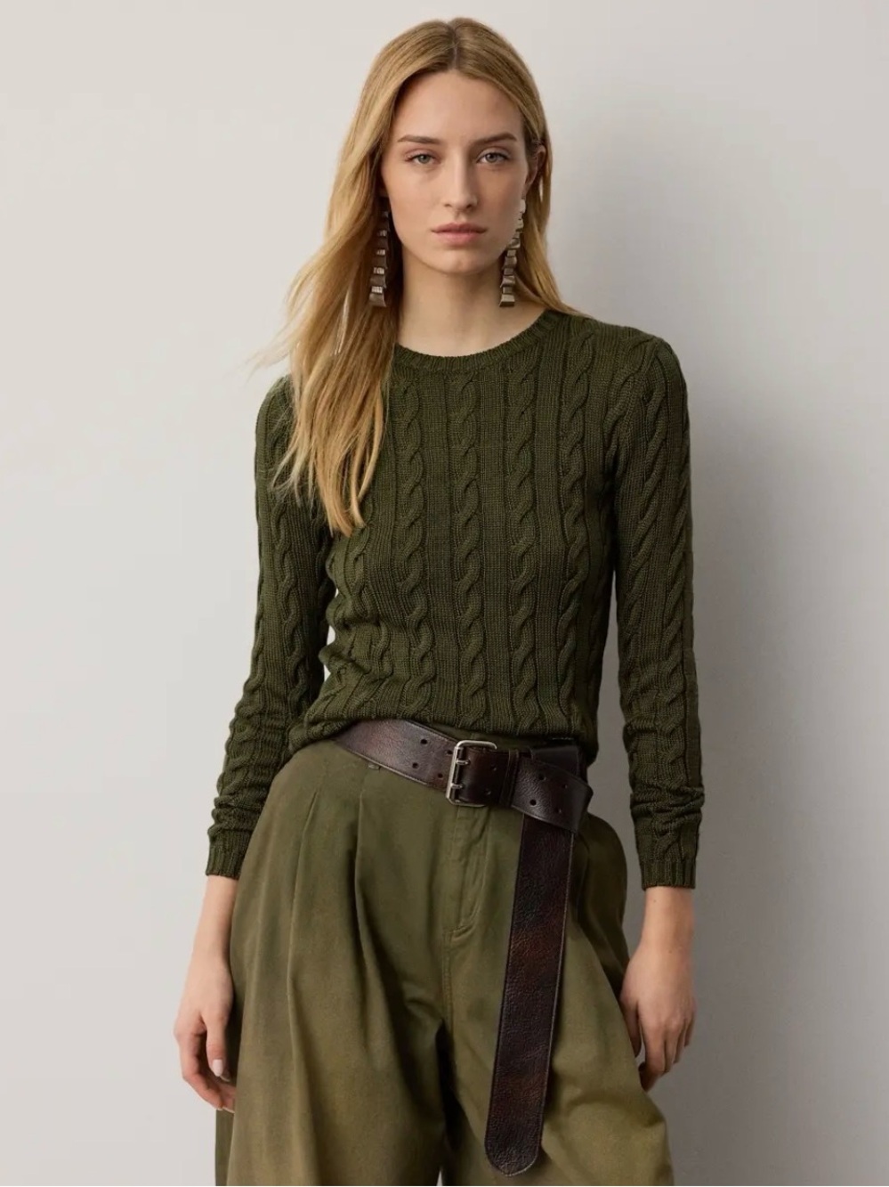 J. Crew Olive Green Cable-Knit Crewneck Sweater